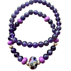 Set of two Amethyst Women's Stretch Bracelets 7.5" Natural Gemstones NWT